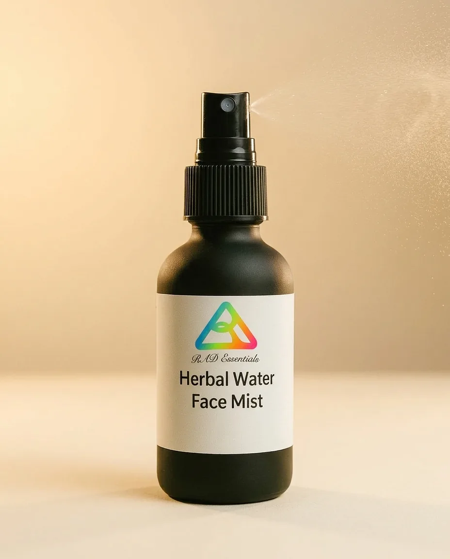 Herbal Water Face Mist — black spray bottle releasing a fine mist against a warm beige studio backdrop