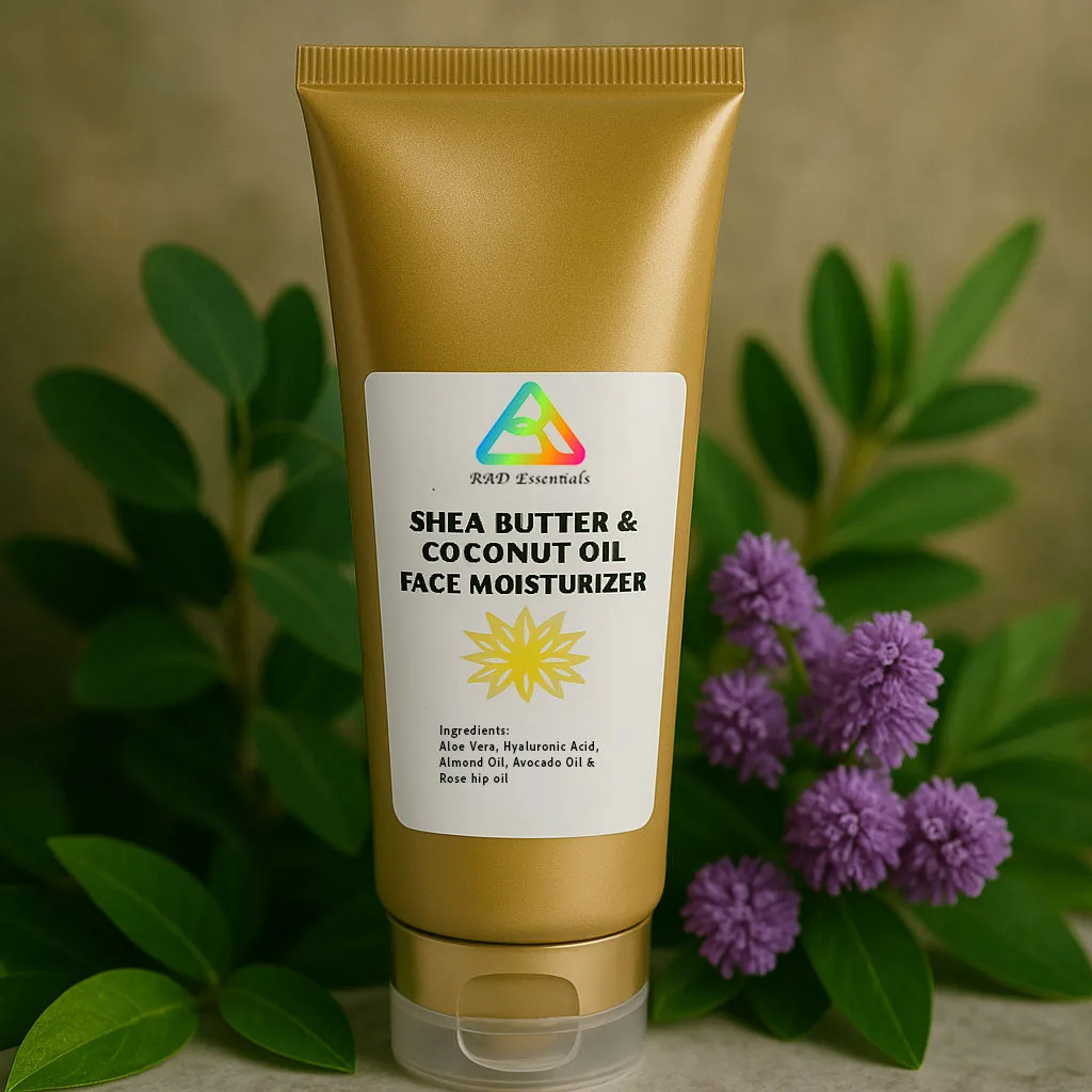 Shea Butter and Coconut Oil Face Moisturizer — gold tube surrounded by green leaves and purple blossoms