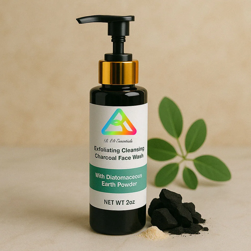 Charcoal Face Wash — black pump bottle with gold collar beside raw charcoal pieces and diatomaceous earth powder